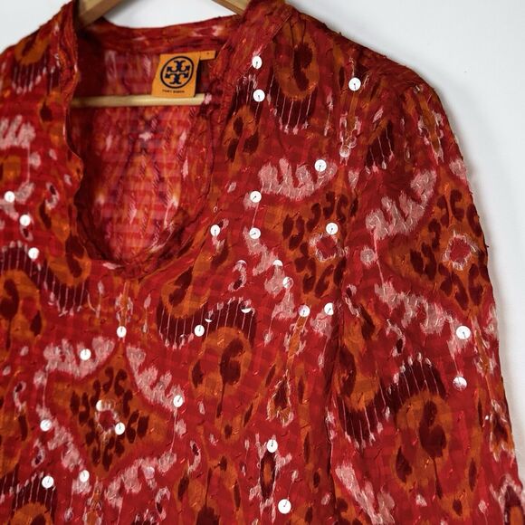 Tory Burch Sequin Silk Blend Tunic Blouse Red Pink Ikat Print Size 6 Sheer Top - Picture 3 of 13